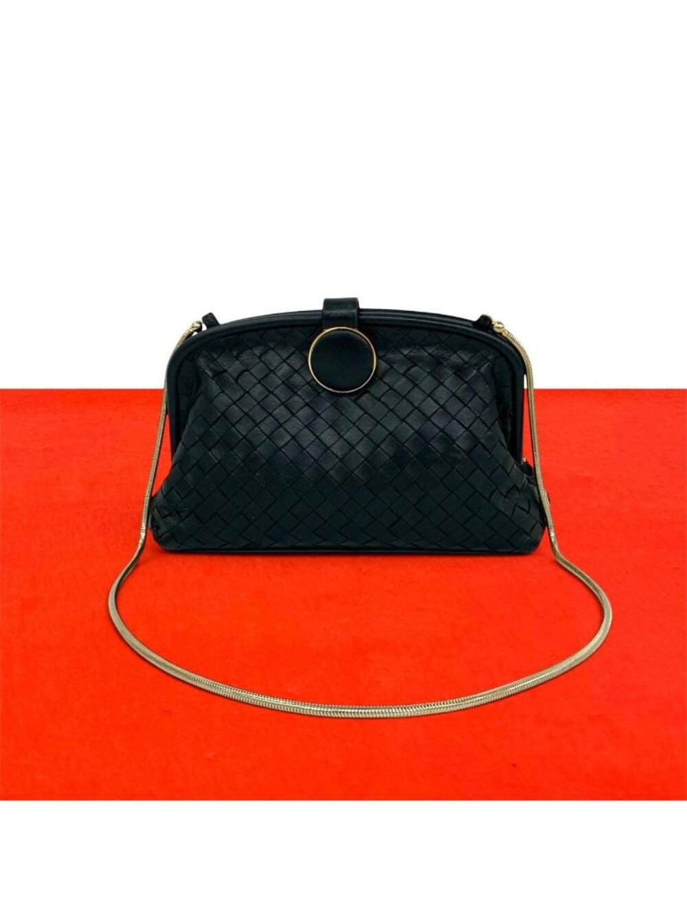 Bottega Veneta Vintage Intrecciato Leather Kiss Lock Shoulder Bag Black